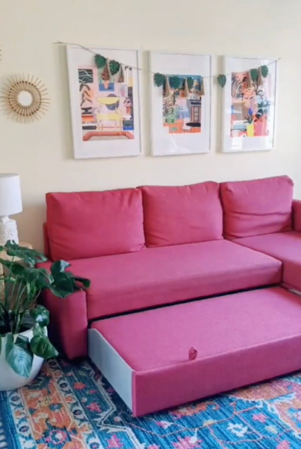 Cozy college apartment living room featuring a vibrant pink sofa with a pull-out trundle, colorful area rug, potted plant, and three framed artworks on the wall. This setup is part of the 27 Best College Apartment Living Room Ideas by The Michi Method.