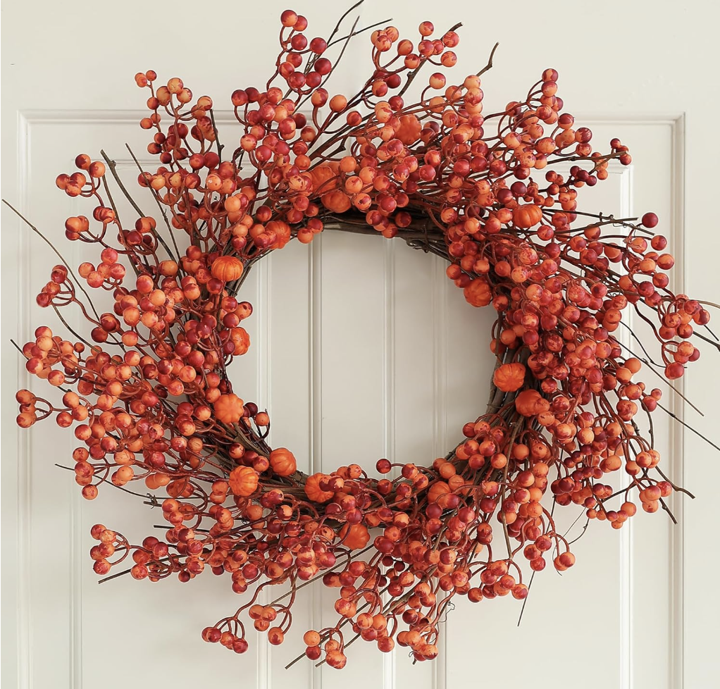 22" Farmhouse Harvest Wreath with Pumpkins & Berries