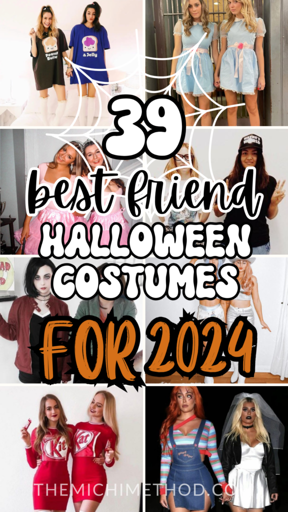 Collage of 39 best friend Halloween costume ideas for 2024 featuring creative duo outfits like KitKat, Wednesday Addams, cowgirls, and more unique looks perfect for BFFs.