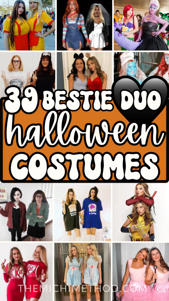 Collage of 39 bestie duo Halloween costumes for 2024, featuring creative and trendy outfits for best friends like Ursula and Ariel, Daria and Jane, and other unique pairs to stand out this spooky season.