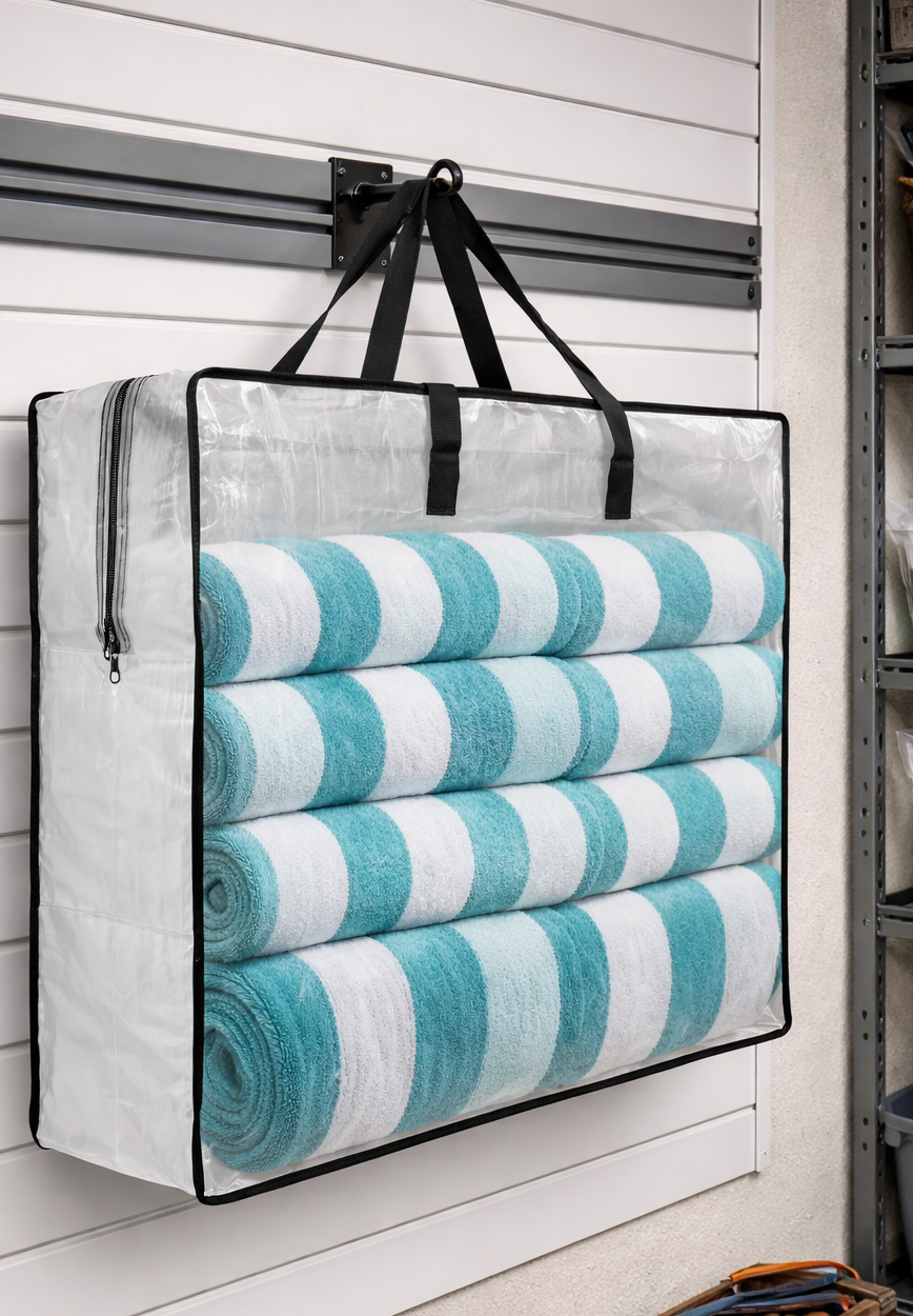 Clear zippered storage bag hanging on garage wall hook, filled with neatly rolled oversized beach towels.