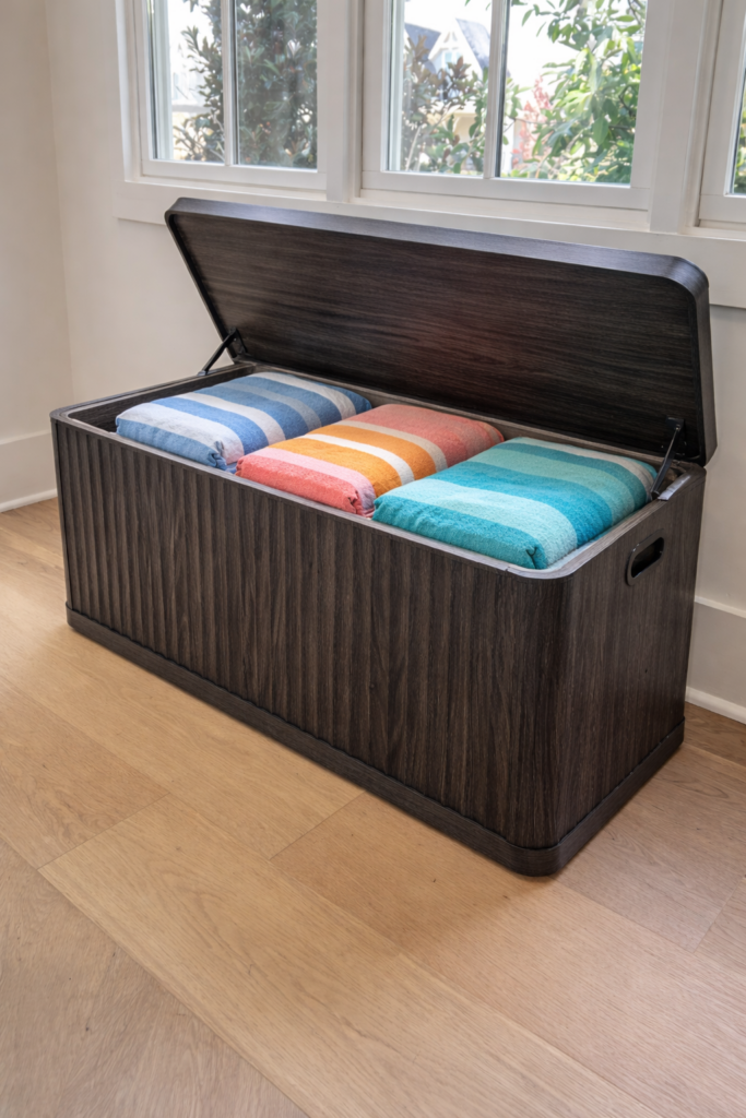 Dark wood storage bench with lift top open, holding folded extra-large beach towels near entryway. used for pool towel storage