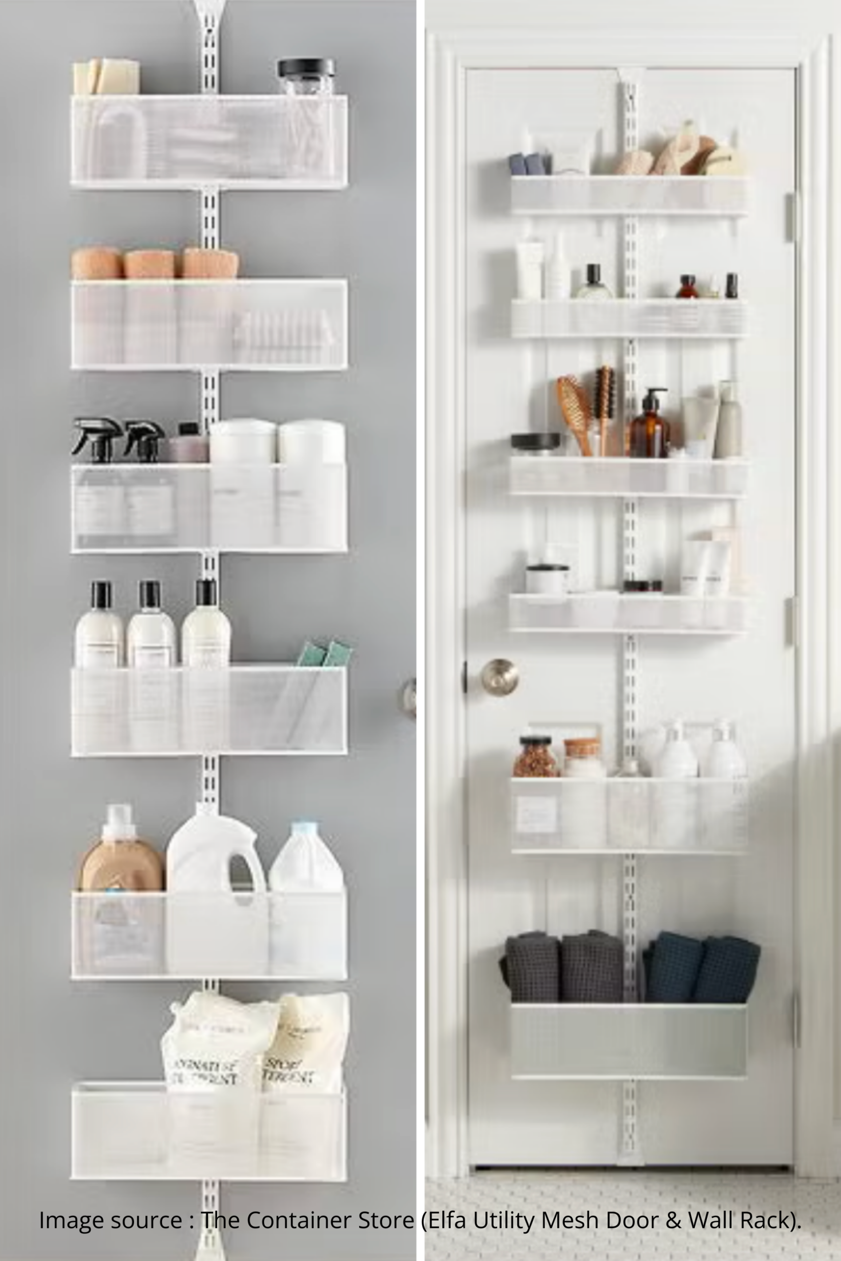 Elfa Utility Mesh Door & Wall Rack shown in standard and narrow basket configurations mounted on interior doors.