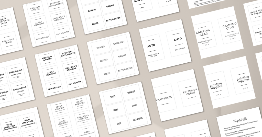 Editable printable home organization label templates displayed in a neutral minimalist flat lay preview.