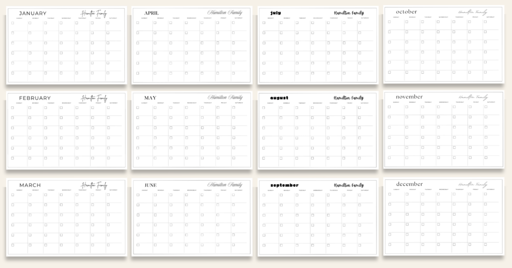 Preview of 12 printable yearly calendar templates displayed in a neutral minimalist layout with customizable family name header.