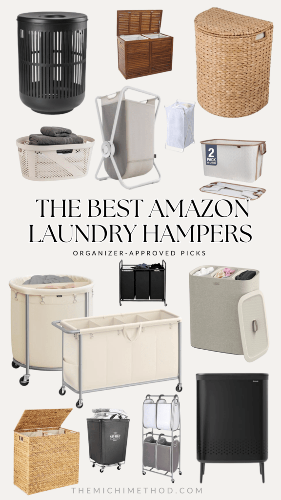 Collage of the best Amazon laundry hampers including woven, rolling, divided, and plastic laundry baskets for stylish laundry room storage ideas.