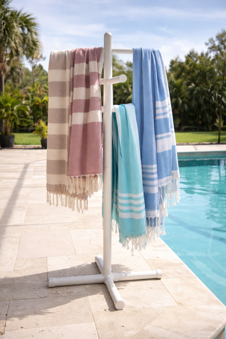 White freestanding poolside towel rack holding neutral and blue Turkish style beach towels with fringe detail beside a modern backyard swimming pool.