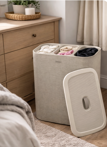 Beige 3-section laundry hamper with lid for bedroom, shown beside a dresser with clothes sorted inside.