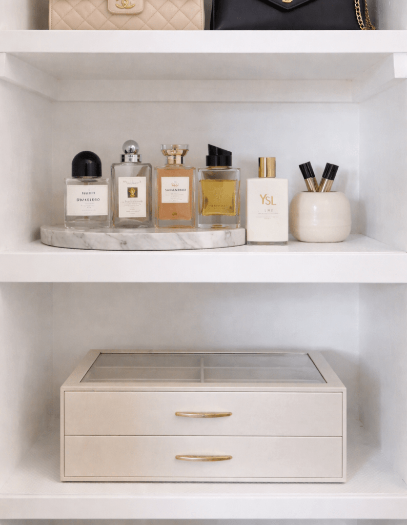 Neutral closet shelf with luxury-style sunglasses organizer, marble tray of perfumes, and minimal home organization setup