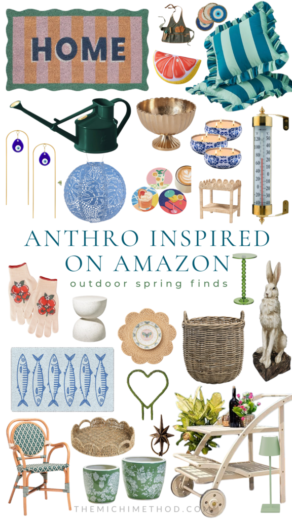 Anthro-inspired spring porch decor collage featuring woven textures, rattan furniture, striped pillows, garden accents, and whimsical outdoor spring decor finds.