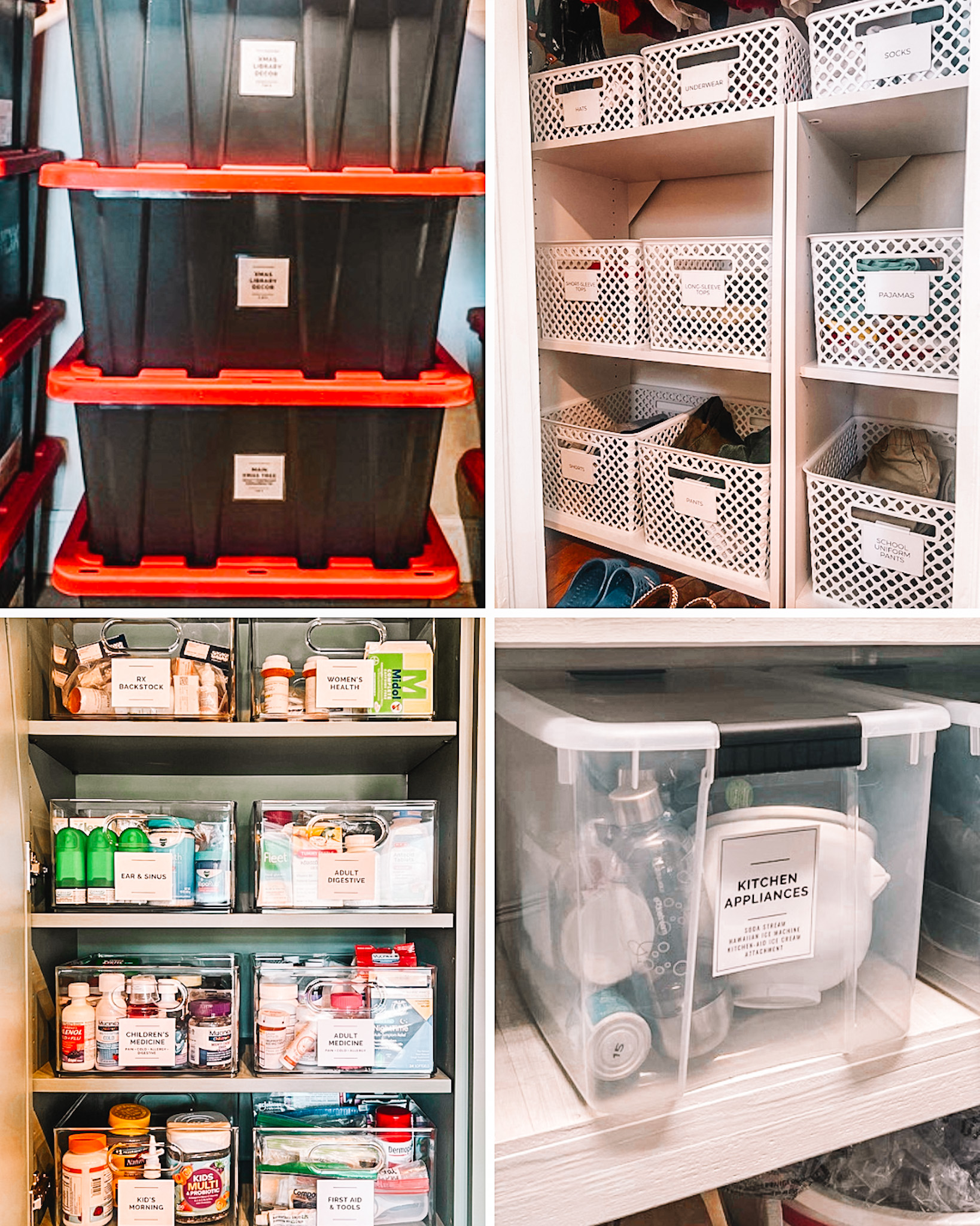 Collage of organized storage bins with printed labels on shelves, including large totes, basket bins, clear bins, and kitchen appliance storage