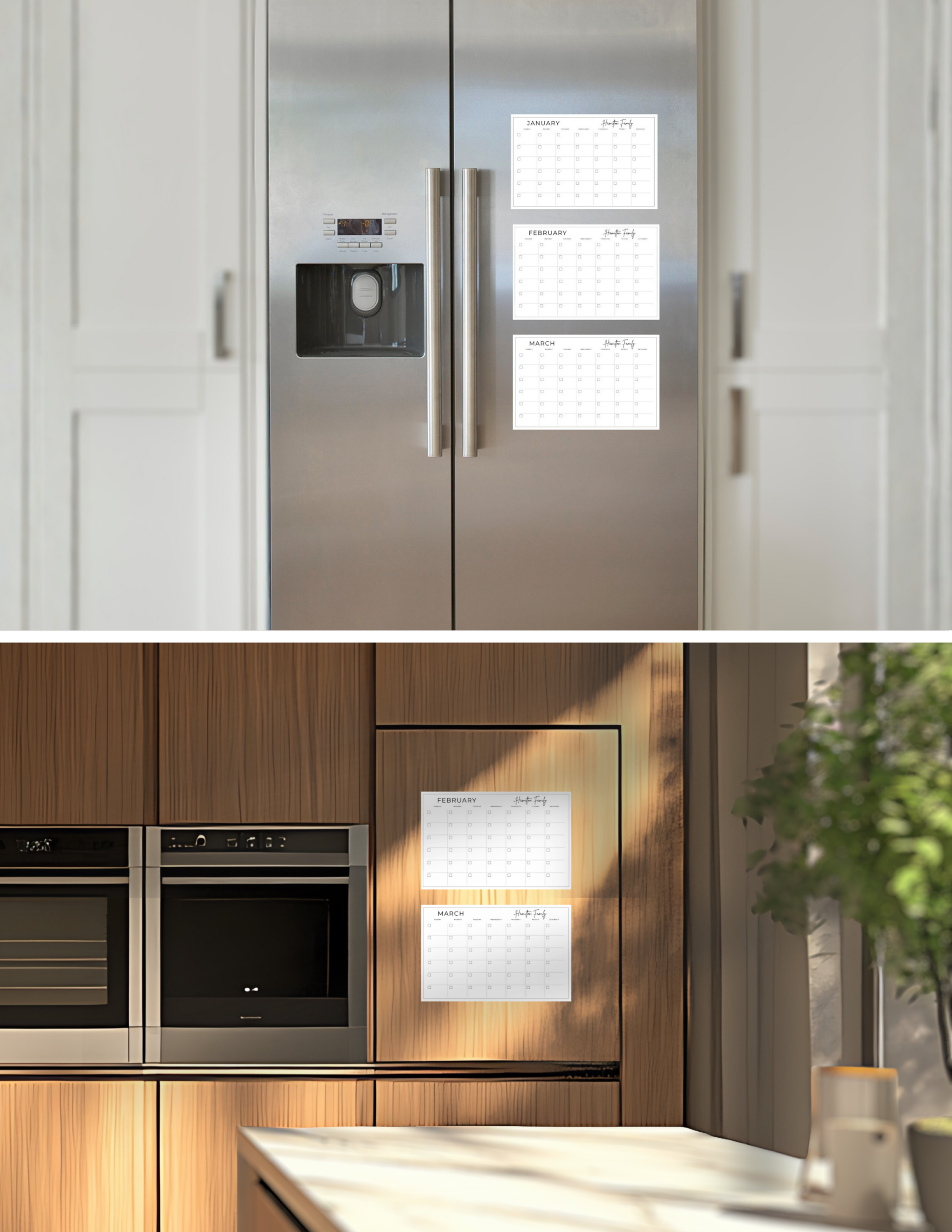 Printable yearly calendar templates displayed on a stainless steel refrigerator and wood kitchen cabinets in a modern home.